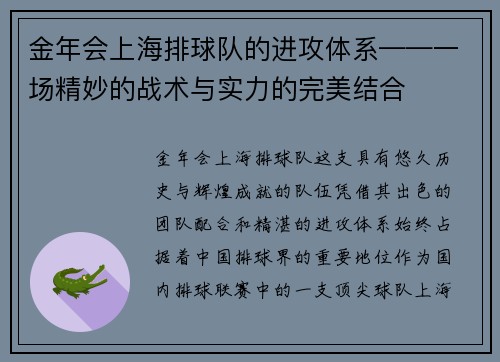 金年会上海排球队的进攻体系——一场精妙的战术与实力的完美结合