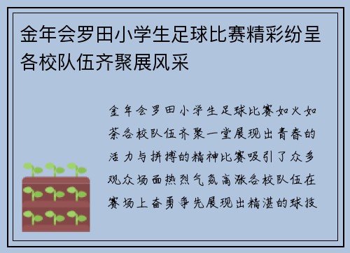 金年会罗田小学生足球比赛精彩纷呈各校队伍齐聚展风采